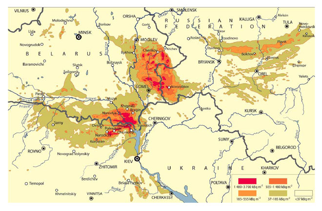 Map of 137Cs deposition 
levels in Belarus, the Russian Federation and Ukraine as of 
December 1989