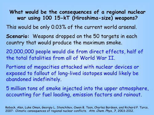 What would be the consequences of a regional nuclear war using 100 15-kT (Hiroshima-size) weapons?