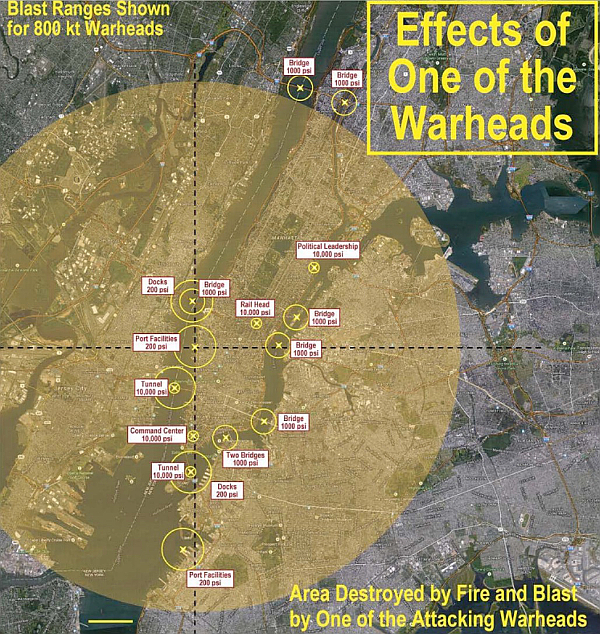 Effects of One of the Warheads - Blast Ranges Shown for 800 kt Warheads - Area Destroyed by Fire and Blast by One of the Attacking Warheads