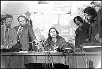 John Trudell speaks with news media representatives regarding negotiations with the federal government for title to Alcatraz Island